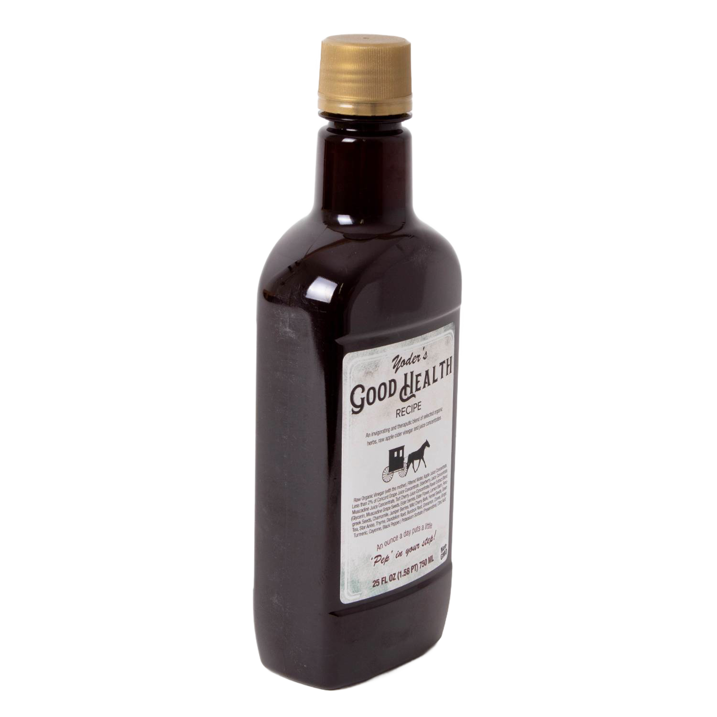 Amber glass bottle of handcrafted health tonic with gold cap, containing a blend of organic herbs, raw apple cider vinegar, and juice concentrates, from USA made collection.