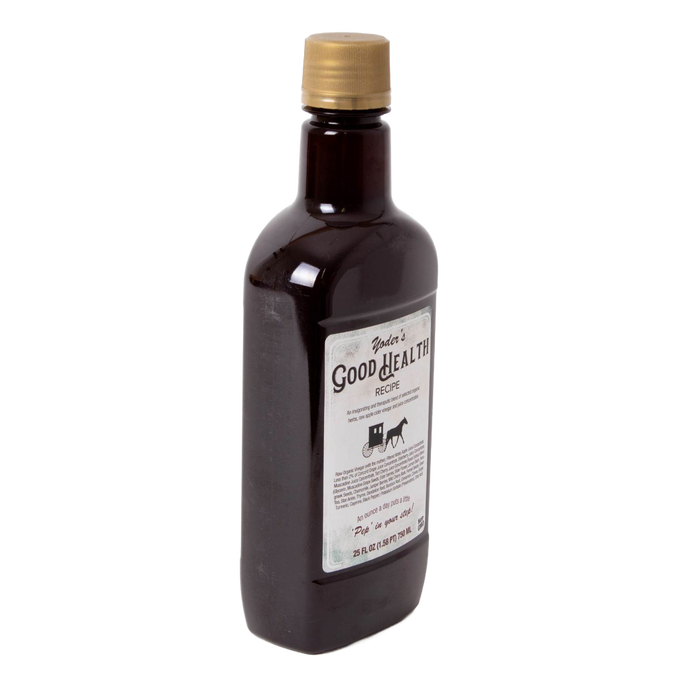 Amber glass bottle of handcrafted health tonic with gold cap, containing a blend of organic herbs, raw apple cider vinegar, and juice concentrates, from USA made collection.