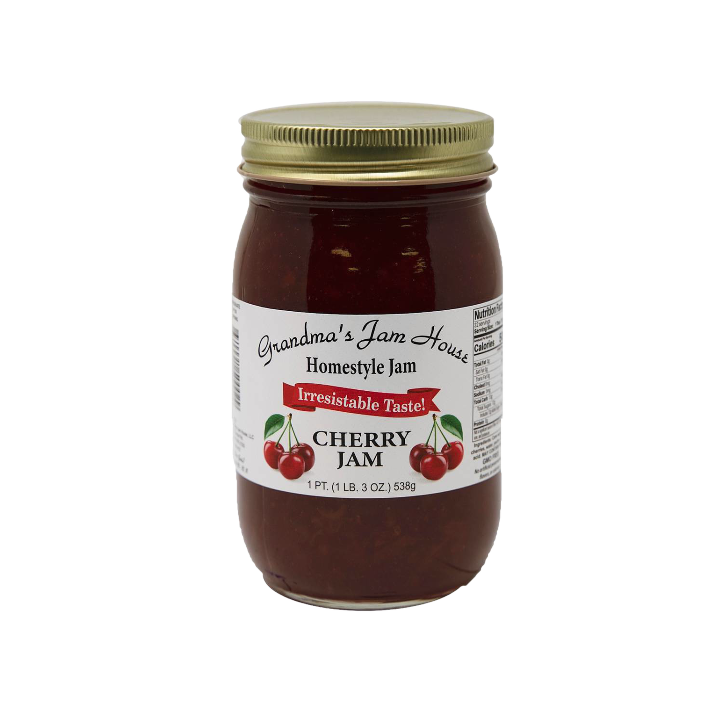 Handcrafted cherry jam jar with gold lid and bright label featuring cherries, made in USA, ideal for Kitchen & Food, Pantry, Peanut Butter & Jellies, Best Sellers, and Promo Eligible collections.