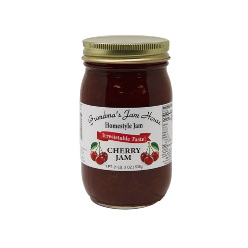 Handcrafted cherry jam jar with gold lid and bright label featuring cherries, made in USA, ideal for Kitchen & Food, Pantry, Peanut Butter & Jellies, Best Sellers, and Promo Eligible collections.