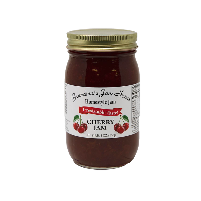 Handcrafted cherry jam jar with gold lid and bright label featuring cherries, made in USA, ideal for Kitchen & Food, Pantry, Peanut Butter & Jellies, Best Sellers, and Promo Eligible collections.
