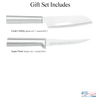 Two handcrafted surgical-grade stainless steel knives with smooth metal handles, including a hollow-ground cook's utility blade and super parer, made in USA for farm, garden, and kitchen food prep.