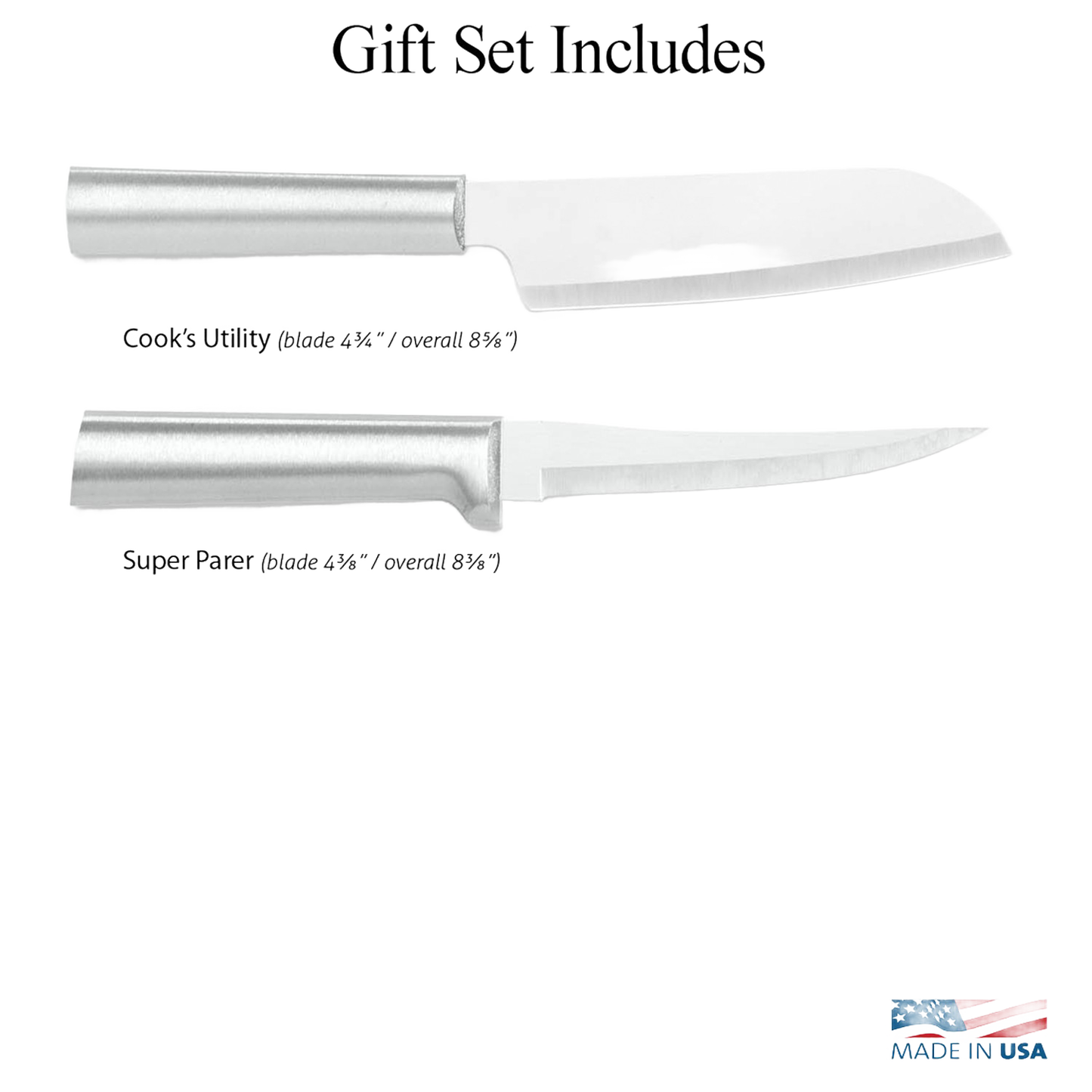 Two handcrafted surgical-grade stainless steel knives with smooth metal handles, including a hollow-ground cook's utility blade and super parer, made in USA for farm, garden, and kitchen food prep.