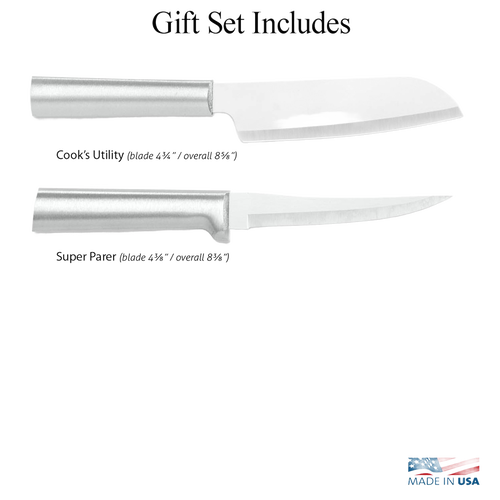 Two handcrafted surgical-grade stainless steel knives with smooth metal handles, including a hollow-ground cook's utility blade and super parer, made in USA for farm, garden, and kitchen food prep.