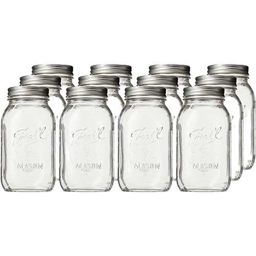 Set of twelve clear glass regular-mouth Ball canning jars with metal lids, made in USA, perfect for Kitchen & Food, Food Preservation, Canning, and Best Sellers collections.