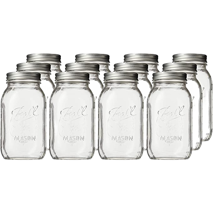 Set of twelve clear glass regular-mouth Ball canning jars with metal lids, made in USA, perfect for Kitchen & Food, Food Preservation, Canning, and Best Sellers collections.