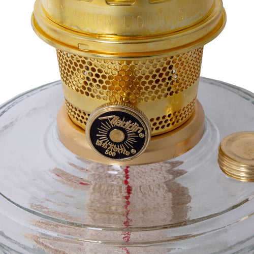 Handcrafted clear glass oil lamp burner with polished brass perforated cover and adjustable wick knob, designed for bright, space-saving lighting in Farm, Garden & Tool and Emergency Supplies collections.