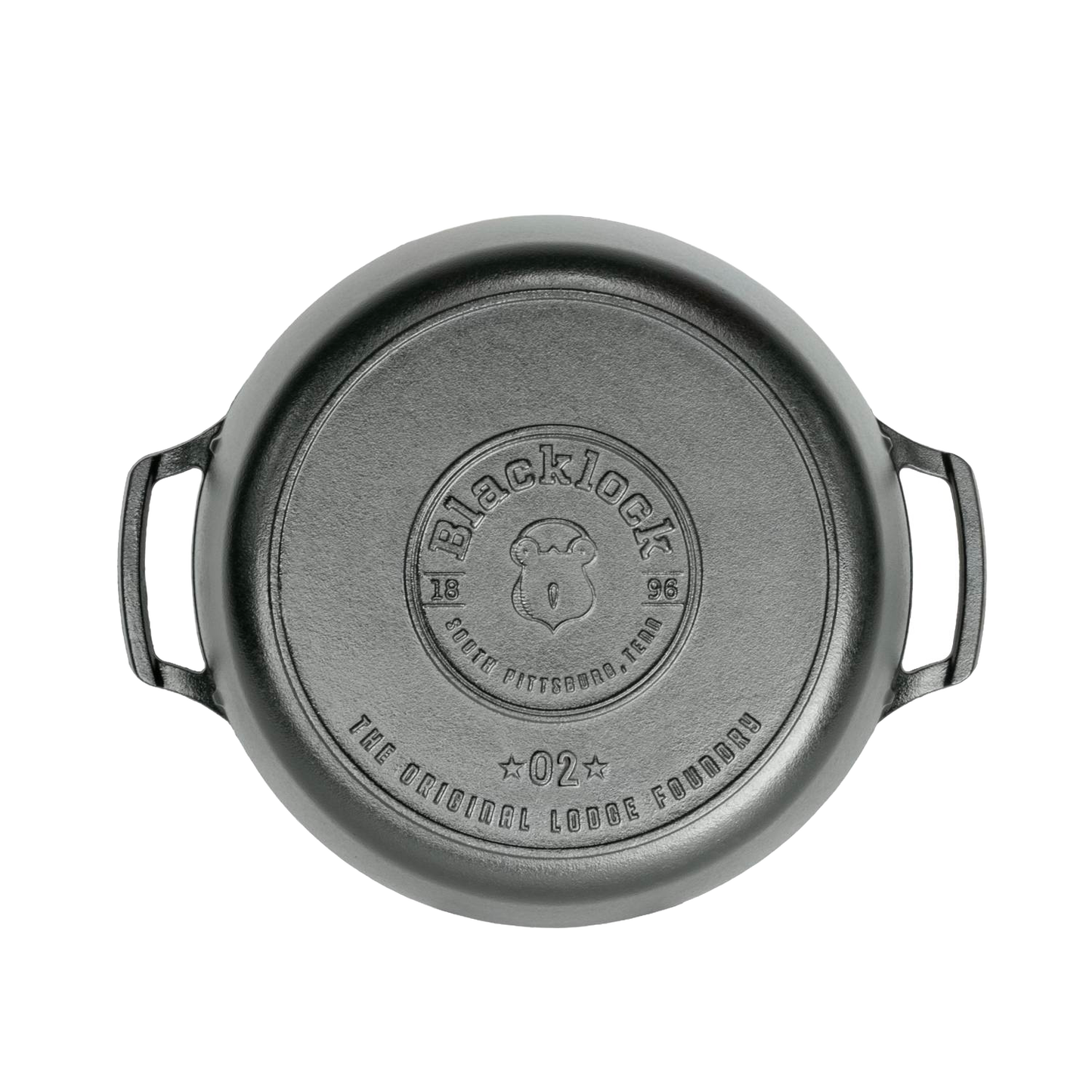 Top view of a lightweight cast iron Dutch oven with dual handles and embossed branding, handcrafted in the USA, featured in Kitchen & Food, Cookware, Cast Iron, and Best Sellers collections.