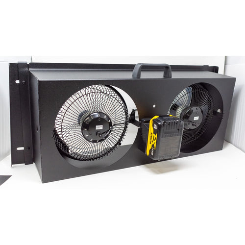 Battery-powered dual 9-inch fan unit in black metal housing with handle and Milwaukee battery attached, designed for efficient airflow in Home & Decor, Farm, Garden & Tool, Emergency Supplies, and Household Helpers collections.