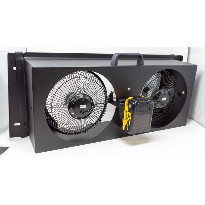 Battery-powered dual 9-inch fan unit in black metal housing with handle and Milwaukee battery attached, designed for efficient airflow in Home & Decor, Farm, Garden & Tool, Emergency Supplies, and Household Helpers collections.