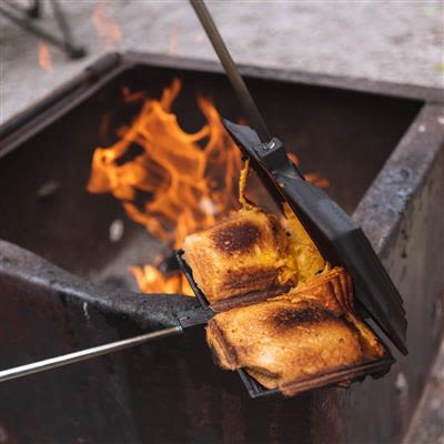 Handcrafted cast iron double sandwich cooker with removable handles and hinged design, perfect for campfire cooking in Farm, Garden & Tool and Camping collections.