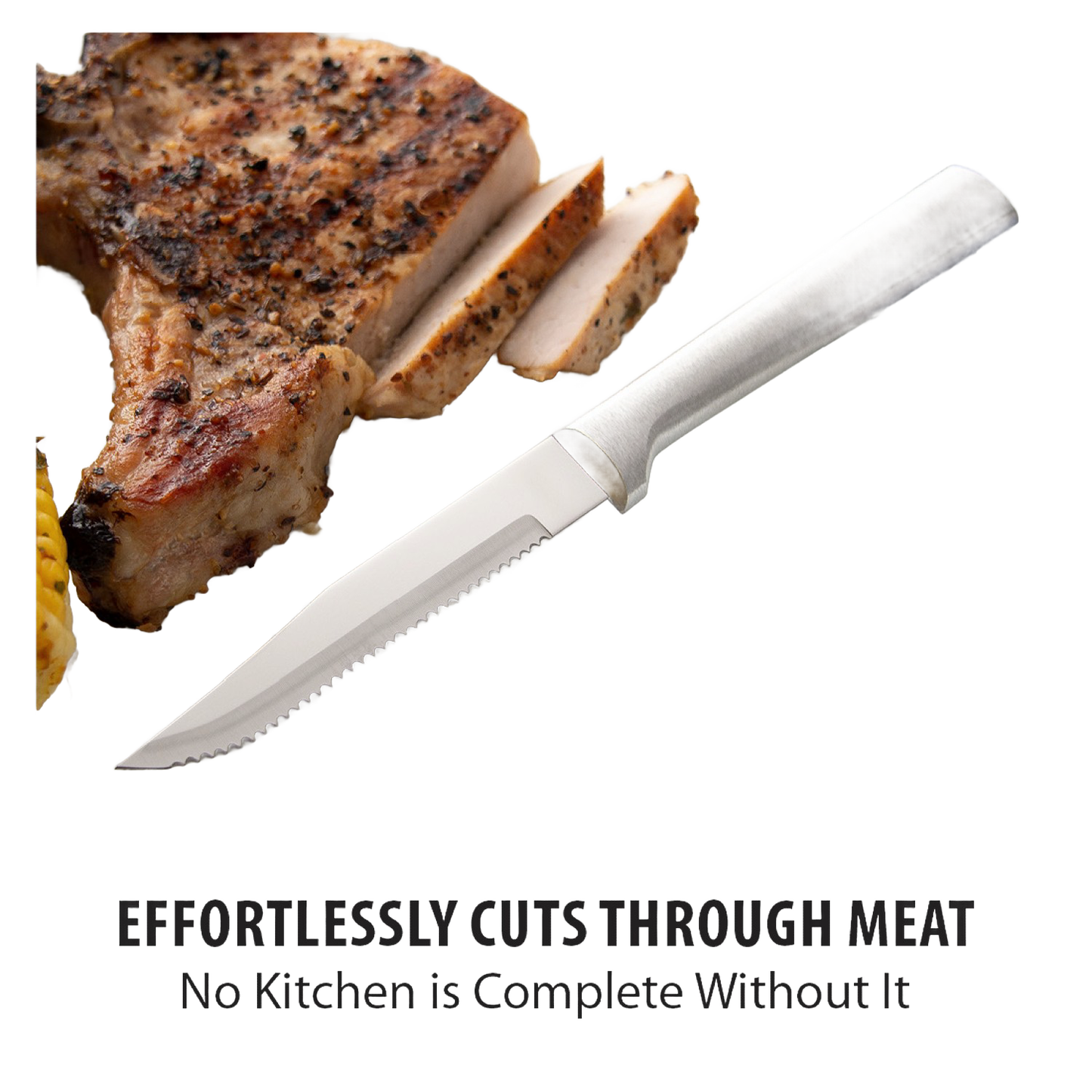 Handcrafted serrated steak knife with high carbon surgical stainless steel blade and solid aluminum handle slicing seasoned grilled pork chop, ideal for Kitchen & Food, Farm, Garden & Tool, and USA Made collections.