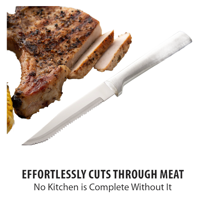 Handcrafted serrated steak knife with high carbon surgical stainless steel blade and solid aluminum handle slicing seasoned grilled pork chop, ideal for Kitchen & Food, Farm, Garden & Tool, and USA Made collections.