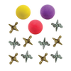 Set of metal jacks in silver and brass tones alongside three colorful rubber balls in yellow, red, and purple, handcrafted and made in USA, ideal for Toys, Books & Games collections.