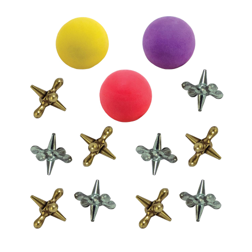 Set of metal jacks in silver and brass tones alongside three colorful rubber balls in yellow, red, and purple, handcrafted and made in USA, ideal for Toys, Books & Games collections.