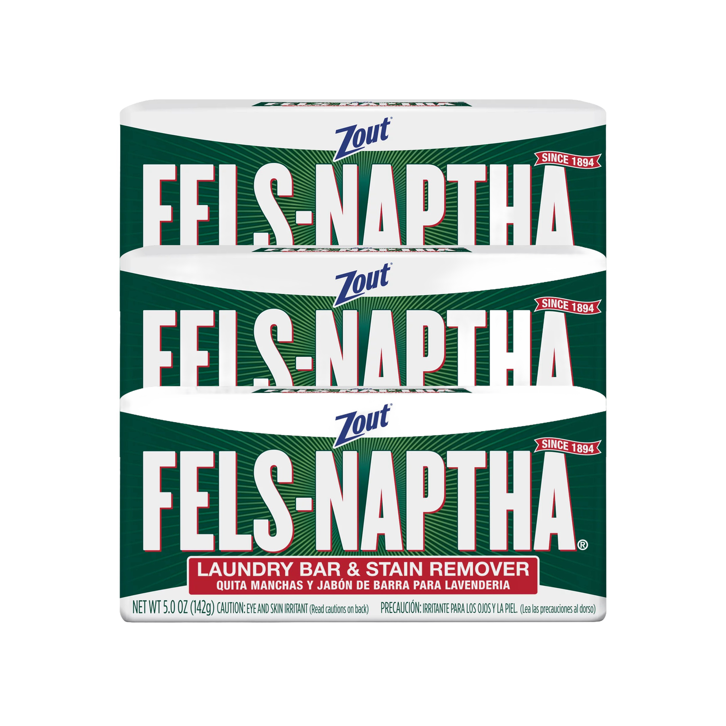 Three bars of Fels-Naptha laundry soap in classic green and white packaging, handcrafted, made in USA, ideal for Home & Decor, Soaps and Soapmaking, Laundry Supplies, and Best Sellers collections.
