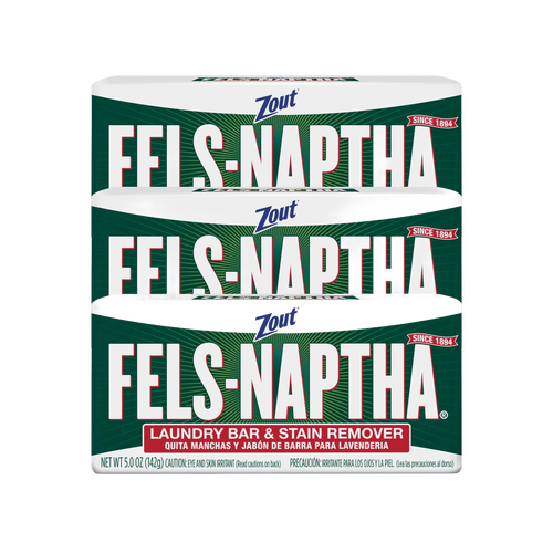Three bars of Fels-Naptha laundry soap in classic green and white packaging, handcrafted, made in USA, ideal for Home & Decor, Soaps and Soapmaking, Laundry Supplies, and Best Sellers collections.