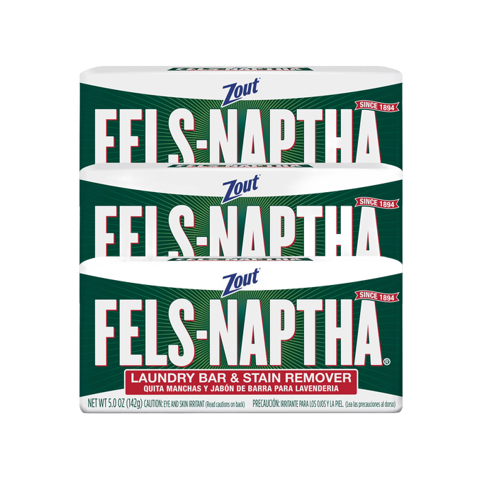 Three bars of Fels-Naptha laundry soap in classic green and white packaging, handcrafted, made in USA, ideal for Home & Decor, Soaps and Soapmaking, Laundry Supplies, and Best Sellers collections.