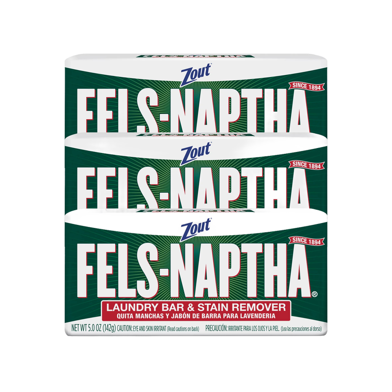Three bars of Fels-Naptha laundry soap in classic green and white packaging, handcrafted, made in USA, ideal for Home & Decor, Soaps and Soapmaking, Laundry Supplies, and Best Sellers collections.