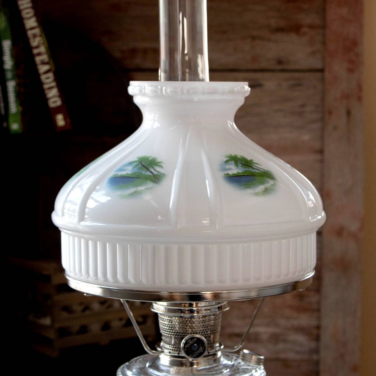 Hand-molded glass oil lamp shade with a scenic beach and palm tree design, compatible with Aladdin 10" shade rings, featured in Lamps & Lighting and Parts and Accessories collections.
