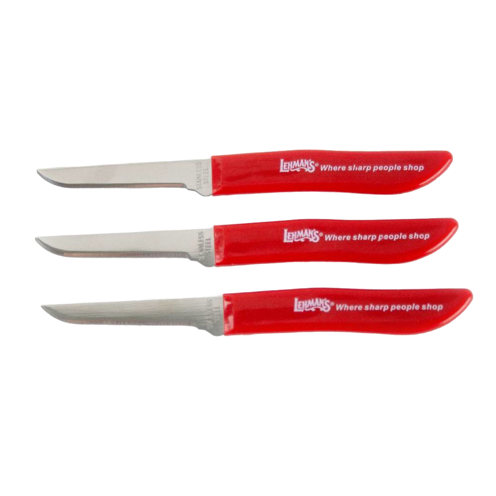 Set of three handcrafted flexible paring knives with stainless steel blades and bright red handles branded Lehman's, ideal for food prep in Kitchen & Food and Farm, Garden & Tool collections.