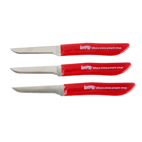 Set of three handcrafted flexible paring knives with stainless steel blades and bright red handles branded Lehman's, ideal for food prep in Kitchen & Food and Farm, Garden & Tool collections.
