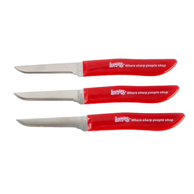 Set of three handcrafted flexible paring knives with stainless steel blades and bright red handles branded Lehman's, ideal for food prep in Kitchen & Food and Farm, Garden & Tool collections.