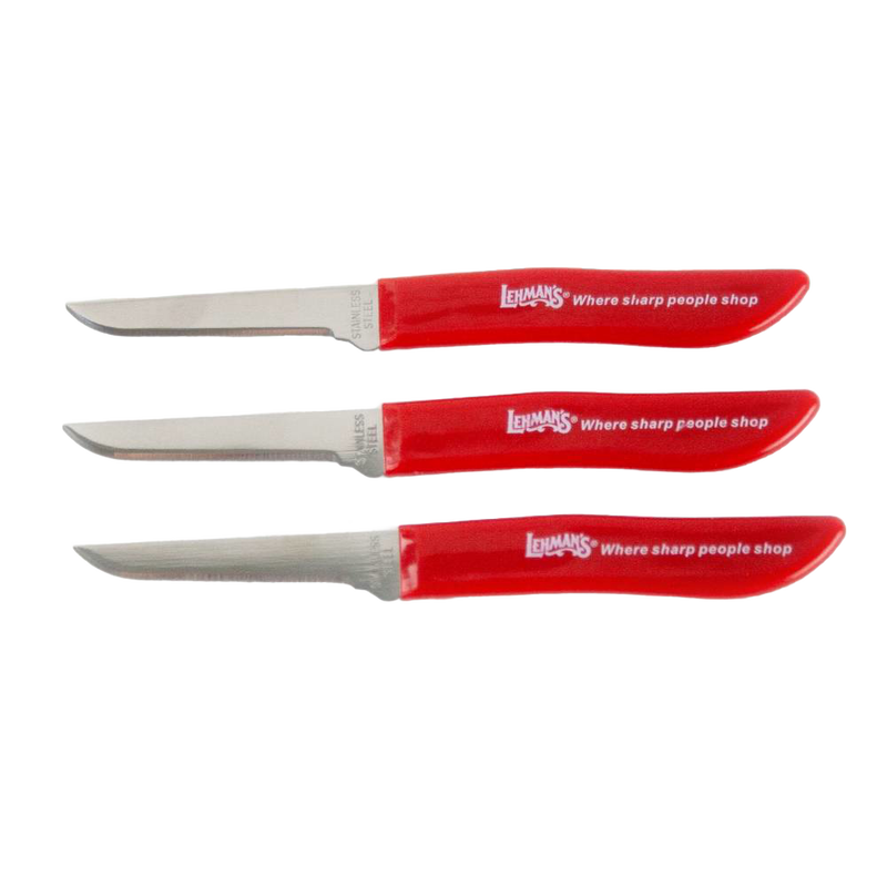 Set of three handcrafted flexible paring knives with stainless steel blades and bright red handles branded Lehman's, ideal for food prep in Kitchen & Food and Farm, Garden & Tool collections.