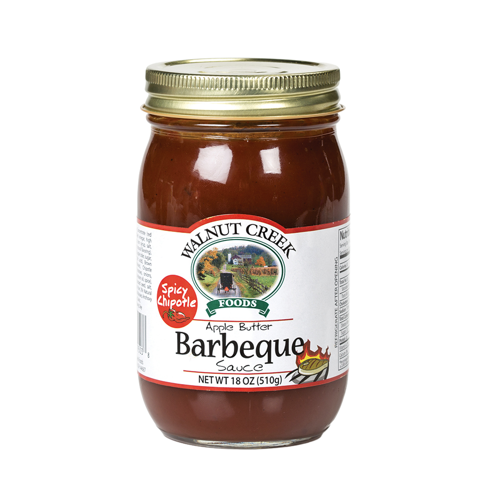 Glass jar of handcrafted spicy chipotle apple butter barbecue sauce with metal screw-top lid, made in USA, featured in Farm, Garden & Tool, Kitchen & Food, Apple Harvest Supplies, Food, Pantry, USA Made, Best Sellers, and Promo Eligible collections.