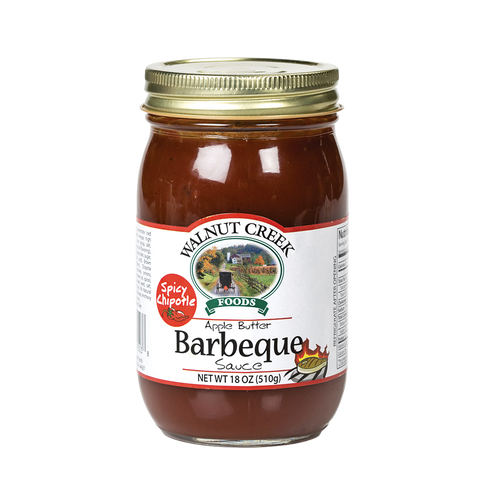 Glass jar of handcrafted spicy chipotle apple butter barbecue sauce with metal screw-top lid, made in USA, featured in Farm, Garden & Tool, Kitchen & Food, Apple Harvest Supplies, Food, Pantry, USA Made, Best Sellers, and Promo Eligible collections.