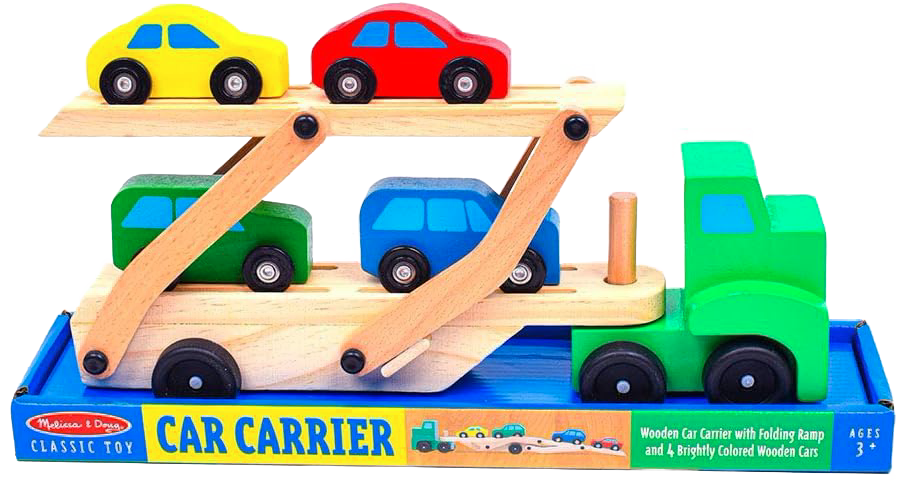 Handcrafted wooden car carrier truck toy set with a green cab and four brightly colored cars in yellow, red, green, and blue, designed for indoor play in wooden toys and children's collections.