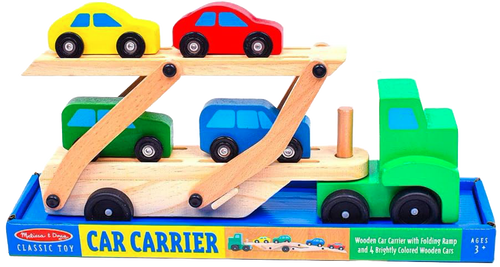 Handcrafted wooden car carrier truck toy set with a green cab and four brightly colored cars in yellow, red, green, and blue, designed for indoor play in wooden toys and children's collections.