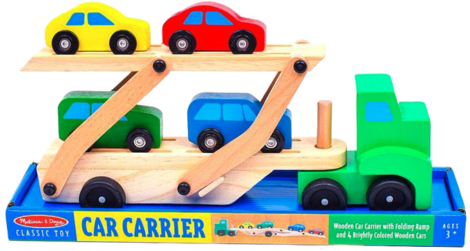 Handcrafted wooden car carrier truck toy set with a green cab and four brightly colored cars in yellow, red, green, and blue, designed for indoor play in wooden toys and children's collections.
