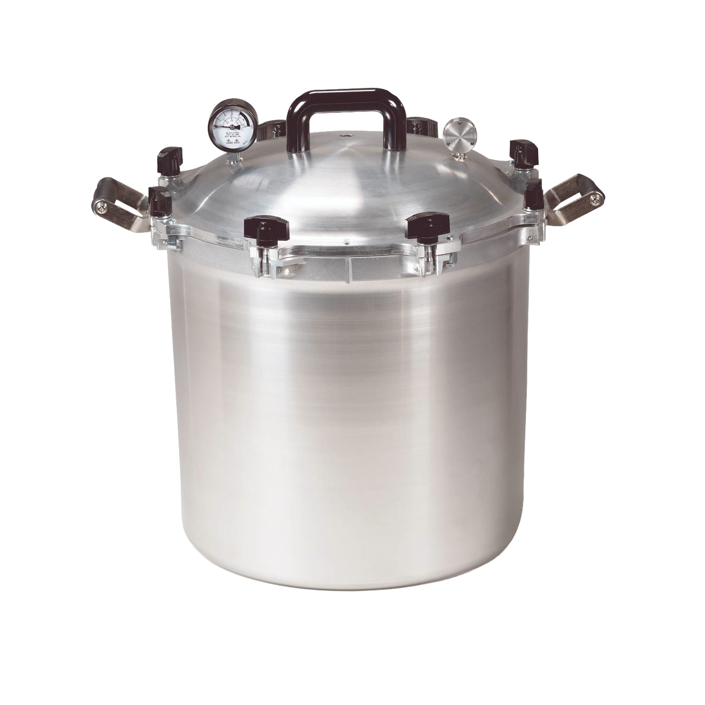 Large stainless steel pressure canner with locking lid and built-in pressure gauge, handcrafted in USA, ideal for Kitchen & Food, Food Preservation, Canning, and Best Sellers collections.