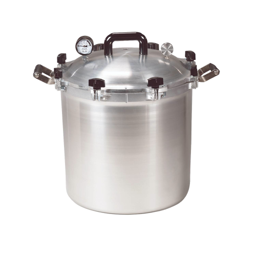 Large stainless steel pressure canner with locking lid and built-in pressure gauge, handcrafted in USA, ideal for Kitchen & Food, Food Preservation, Canning, and Best Sellers collections.