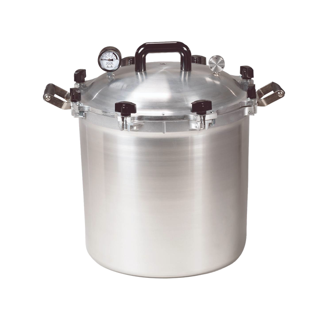Large stainless steel pressure canner with locking lid and built-in pressure gauge, handcrafted in USA, ideal for Kitchen & Food, Food Preservation, Canning, and Best Sellers collections.
