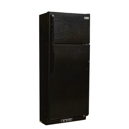 Tall black Amish-made gas refrigerator with separate freezer compartment, handcrafted for durability and efficiency, ideal for Appliances, Refrigerators and Freezers, and Best Sellers collections.