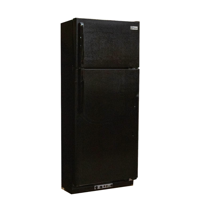 Tall black Amish-made gas refrigerator with separate freezer compartment, handcrafted for durability and efficiency, ideal for Appliances, Refrigerators and Freezers, and Best Sellers collections.