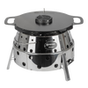 Shiny stainless steel outdoor stove with perforated sides and foldable legs, topped with a flat black griddle insert, ideal for Farm, Garden & Tool, Stoves, Camping, Grilling, and Best Sellers collections.
