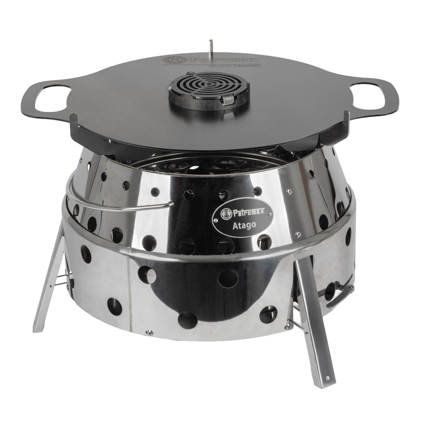 Shiny stainless steel outdoor stove with perforated sides and foldable legs, topped with a flat black griddle insert, ideal for Farm, Garden & Tool, Stoves, Camping, Grilling, and Best Sellers collections.
