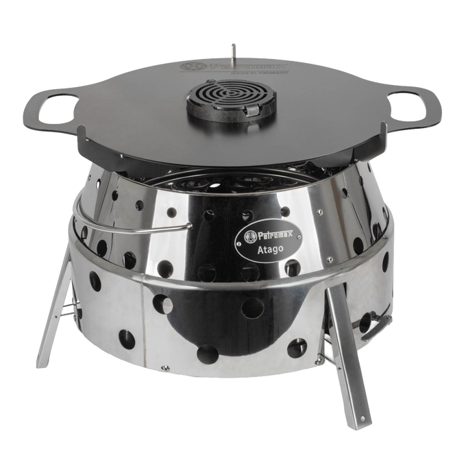 Shiny stainless steel outdoor stove with perforated sides and foldable legs, topped with a flat black griddle insert, ideal for Farm, Garden & Tool, Stoves, Camping, Grilling, and Best Sellers collections.