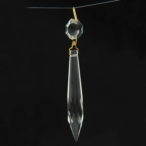 Clear glass U-drop prism with brass pin and octagonal accent, handcrafted with fine detail, ideal for Lamps & Lighting, Parts and Accessories, and Best Sellers collections.
