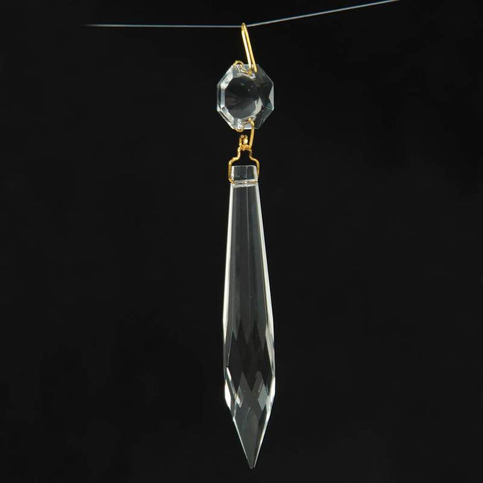 Clear glass U-drop prism with brass pin and octagonal accent, handcrafted with fine detail, ideal for Lamps & Lighting, Parts and Accessories, and Best Sellers collections.