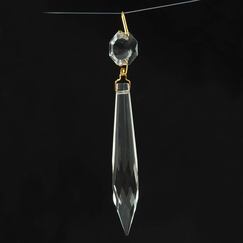 Clear glass U-drop prism with brass pin and octagonal accent, handcrafted with fine detail, ideal for Lamps & Lighting, Parts and Accessories, and Best Sellers collections.