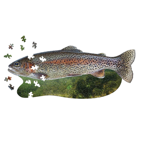 Unique-shaped 300-piece trout puzzle featuring detailed fish illustration with scattered puzzle pieces, part of children's toys, puzzles, and best sellers collections.