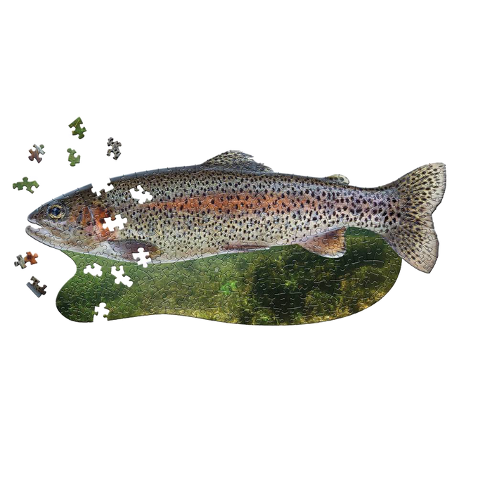 Unique-shaped 300-piece trout puzzle featuring detailed fish illustration with scattered puzzle pieces, part of children's toys, puzzles, and best sellers collections.