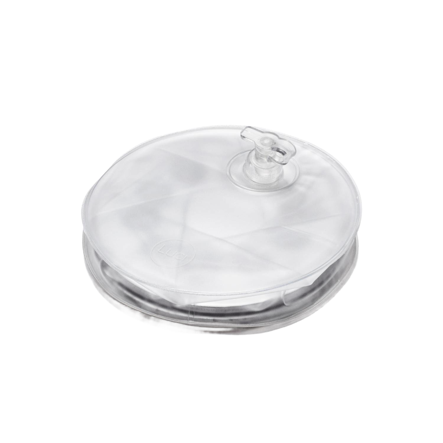 Inflatable clear solar-powered LED light featuring a compact, portable design with a valve for easy inflation, ideal for camping, emergency supplies, and outdoor use.