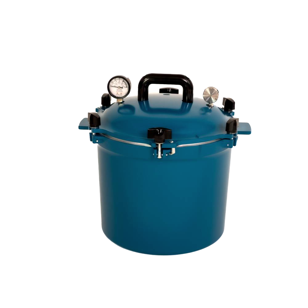 Vibrant blue 21.5-quart pressure canner with secure locking lid, pressure gauge, and durable handles, crafted in USA for Kitchen & Food, Canning, and Food Preservation collections.