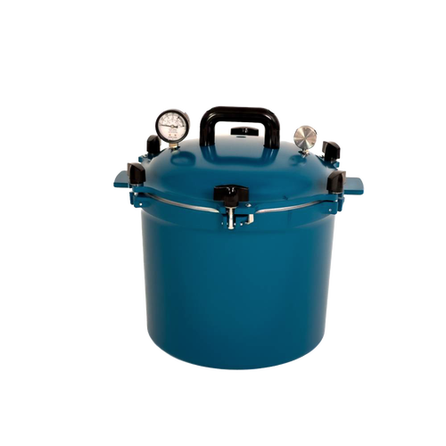 Vibrant blue 21.5-quart pressure canner with secure locking lid, pressure gauge, and durable handles, crafted in USA for Kitchen & Food, Canning, and Food Preservation collections.