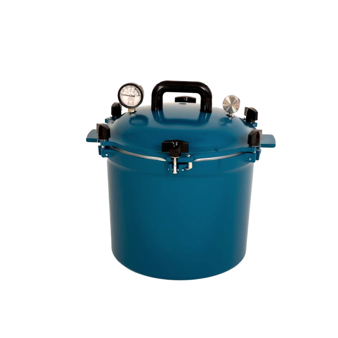 Vibrant blue 21.5-quart pressure canner with secure locking lid, pressure gauge, and durable handles, crafted in USA for Kitchen & Food, Canning, and Food Preservation collections.